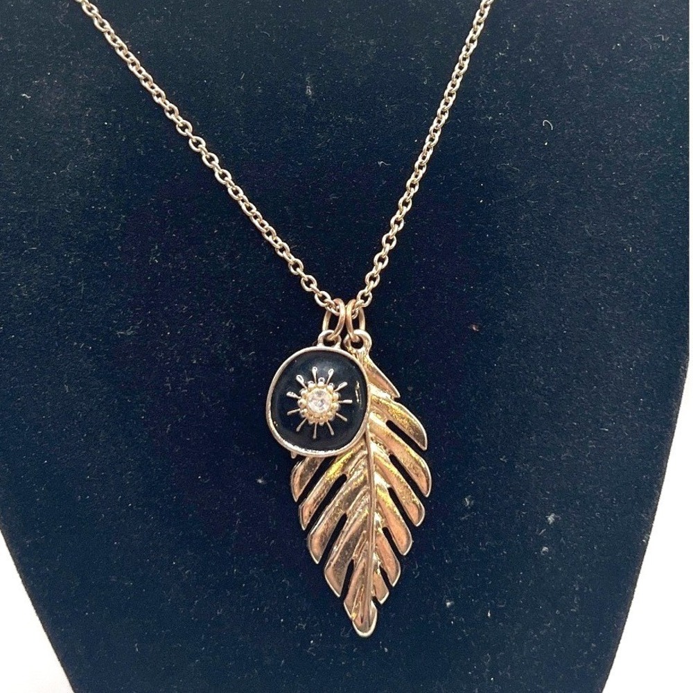 30" Gold Tone‎ Leaf Pendant Necklace Black Enamel Rhinestone Boho